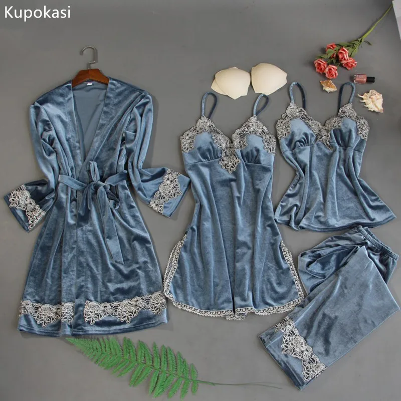 Kupokasi 4pcs Winter Gold Velvet Pajamas For Women Pyjamas Warm Sleepwear Pijama Mujer Sets  With Chest Pads Home Wear Robe