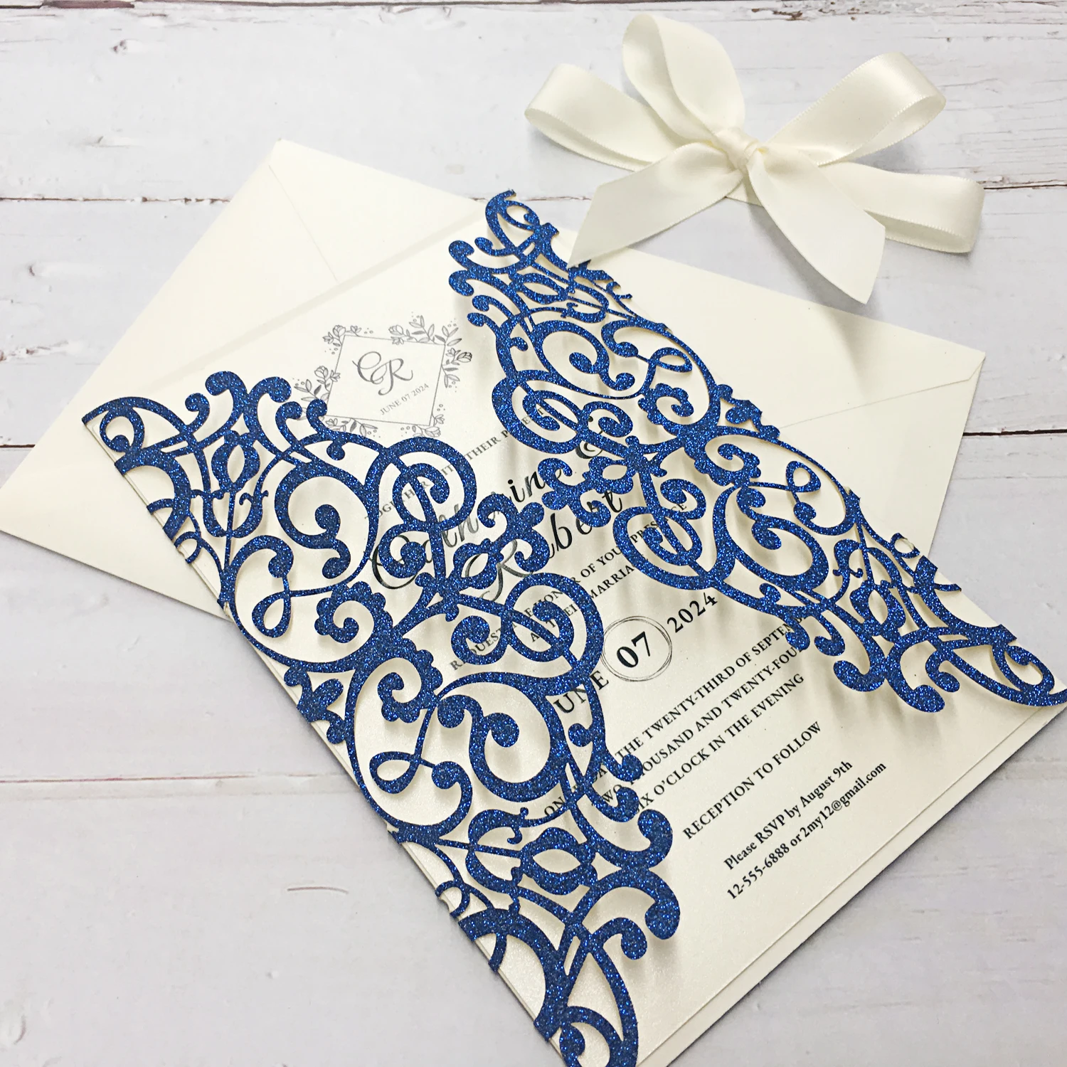 Picky Bride Royal Glitter Blue Wedding Invitations Laser Cut Invitation Printable Invitation Cards - set of 50 pcs