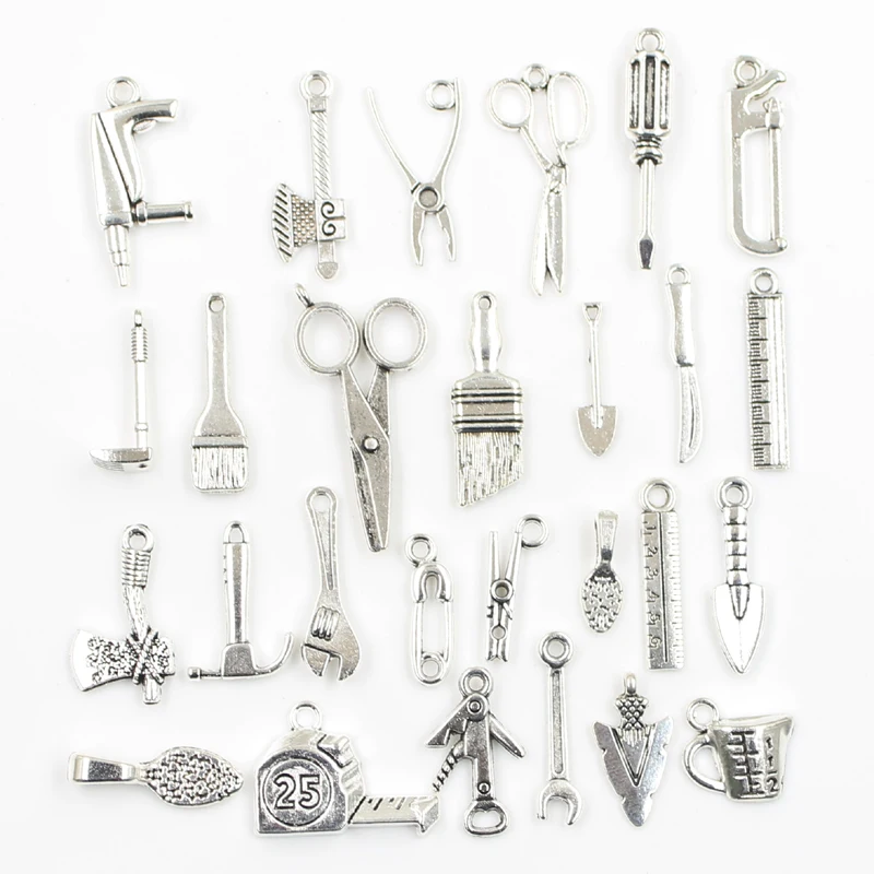 30pcs Charms Tools Scissors Wrench Ruler Shovel Ax Screwdriver Antique Silver Color Mixed Pendants DIY Findings Tibetan Jewelry