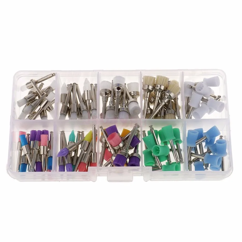 100pcs Dental Prophy Brushes Polishing Brush Polisher Prophy Rubber Cup Latch Nylon Bristles Mixed Colors Dentist Lab Tool Kit