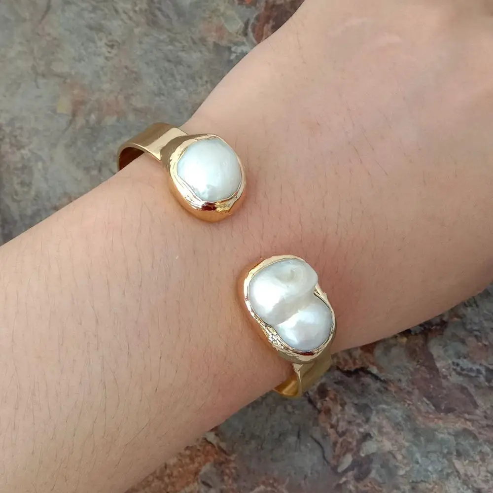 YYGEM 15x21MM White Keshi Pearl 24K Gold Plated Bangle Bracelet