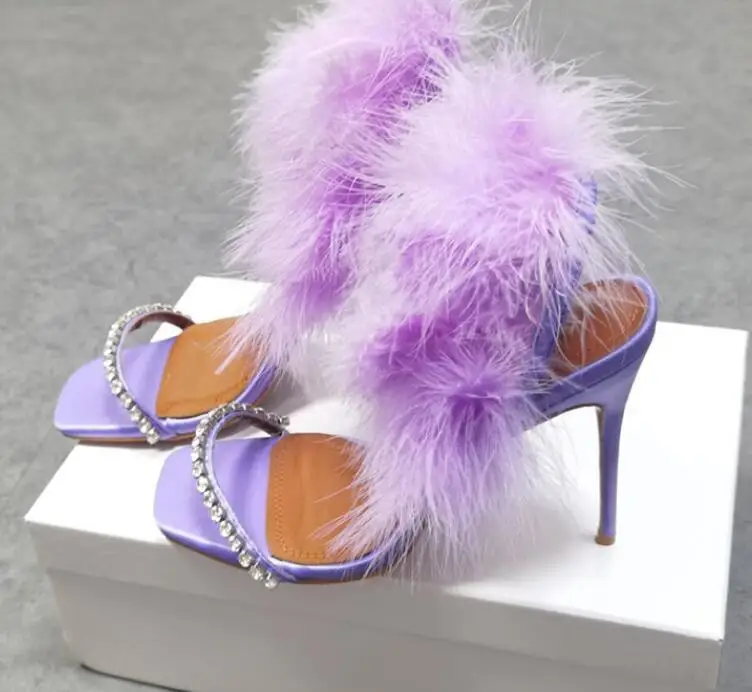 Bling Rhinestone Open Toe Mauve Brid Feather Wrapped Sandals One Strap Thin Heel Women Fluffy Fur Banquet Dress High Heels