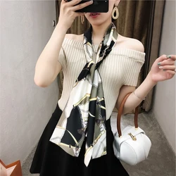 Spring Women's Silk Neckerchiefs Double-sided Chain Print Narrow Long Satin Scarf For Women Hair Scarf Infinity Scarf 15CMX145CM