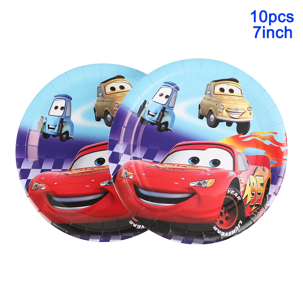 Disney Lightning McQueen Cars ผ้าปูโต๊ะแผ่นถ้วยหมวกธงอุปกรณ์ของวันเกิด Disposable Tableware Decors