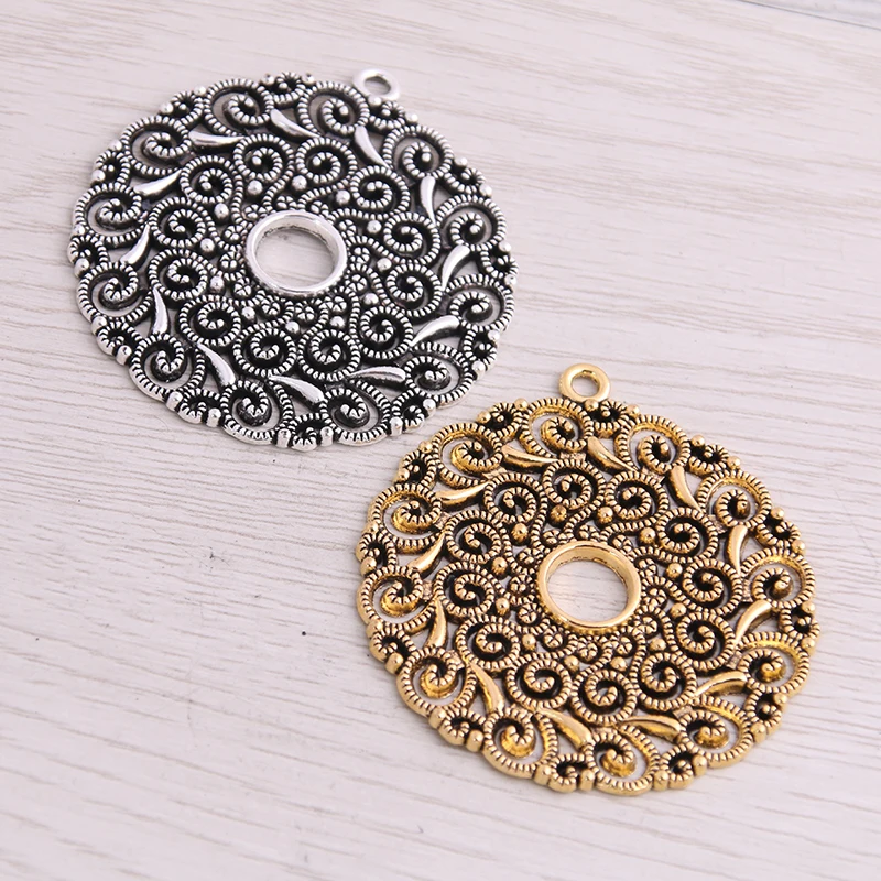 SWEET BELL  4pcs 49*53mm Two Color Plated Big Round Hollow Pattern Pendants Making DIY Handmade Tibetan   Finding Jewelry