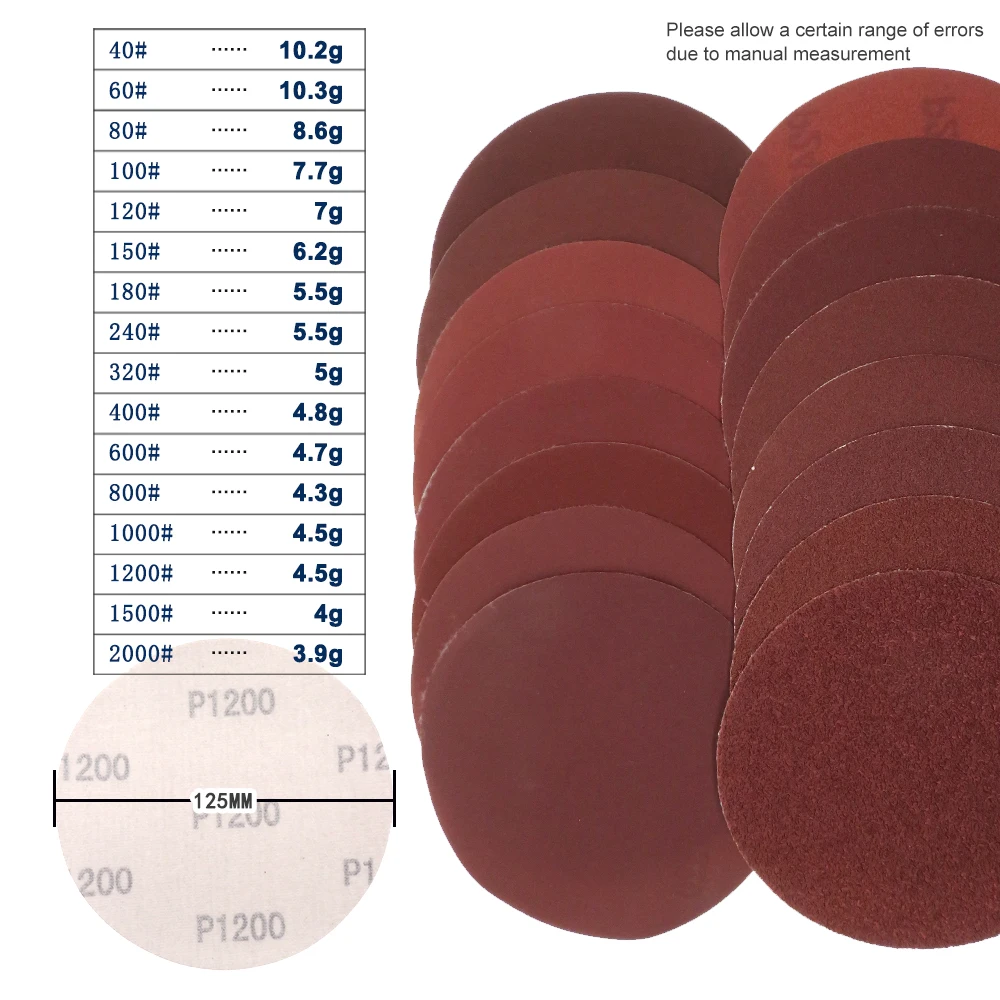 10 Uds. Discos de lijado de papel de lija seco de óxido de aluminio de 5 pulgadas y 125MM gancho bucle 60 a 2000 granos para piedra, muebles pulido