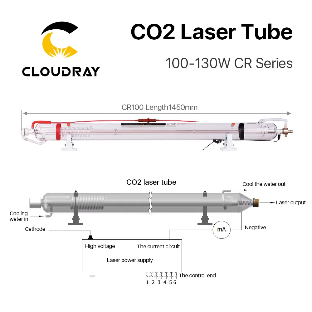 Imagem -04 - Cloudray cr Série Cr100 100130w Comprimento do Tubo do Laser do Co2 1450 mm Dia.80 mm Atualizou a Tubulação de Vidro da Cabeça do Metal para a Máquina do Laser do Co2