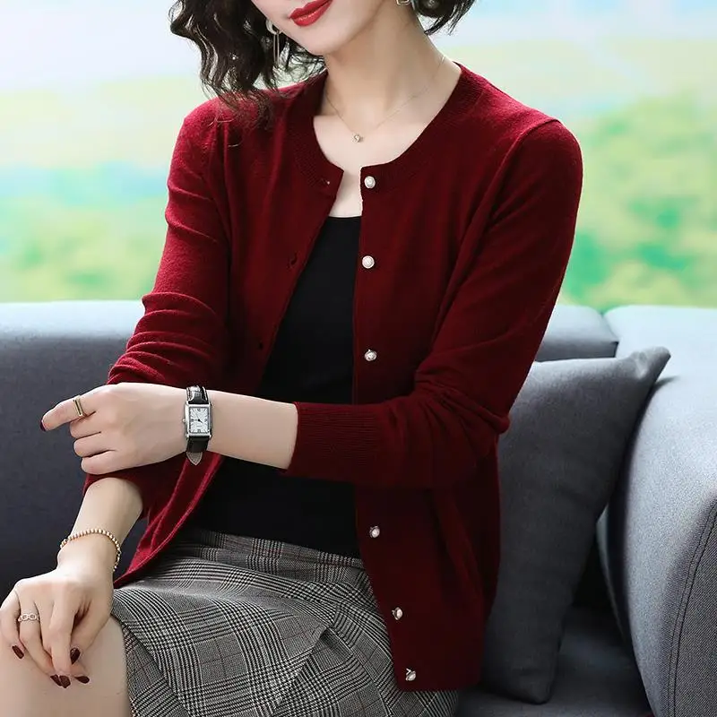 Fashion Korean Knitting Cardigans Women Solid elegant long sleeve O-neck slim sweater Single Breasted Casual allmatch jacket