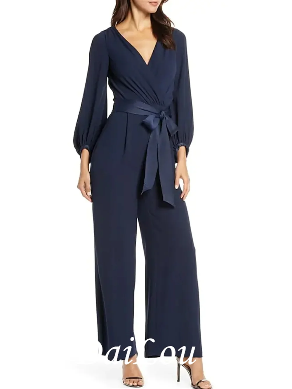 Pantsuit / Jumpsuit Mother of the Bride Dress Jumpsuits V Neck Ankle Length Polyester Long Sleeve with Sash / Ribbon 2021