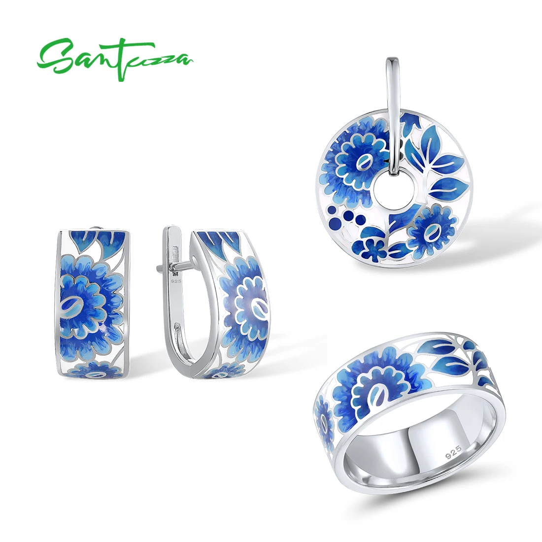 

SANTUZZA 925 Sterling Silver Jewelry Set for Women Blue Flower Enamel Earrings Ring Pendant Set Trendy Fine Jewelry Handmade