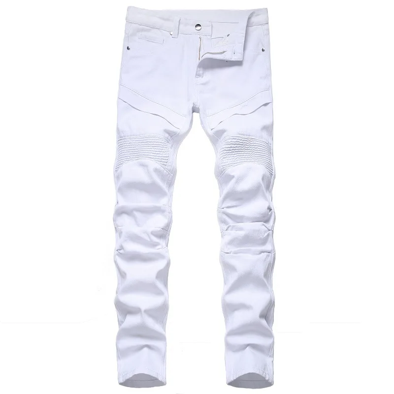 

Trendy Patchwork White Pleated Men's Slim Fit Biker Jeans Solid Long Denim Pants Men Clothing Casual Hombres Motorcycle Jeans