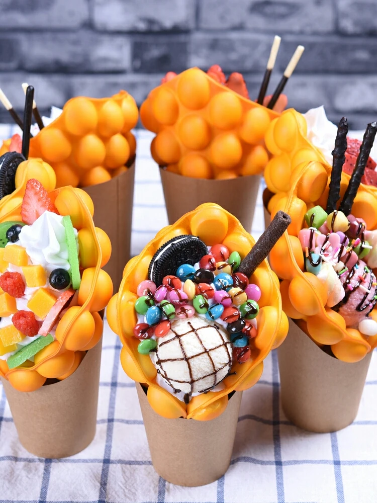 Fake Food Model Ice Cream Egg Bubble Waffle Model, Simulation Ice Cream Egg Waffle Props for Window Display