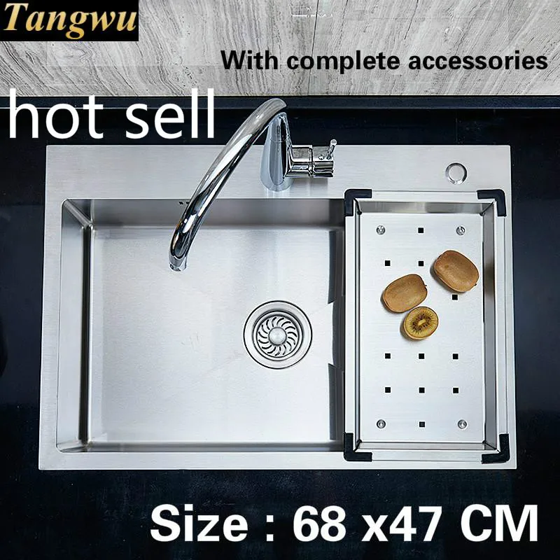 

Free shipping Hot sell Kitchen sink manual food grade 304 stainless steel 4 mm thick single slot durable 68 x47 CM