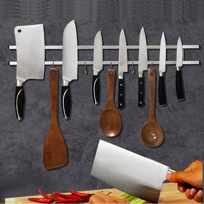 Kitchen Utensil Magnetic Knife Holder With Hooks Wall Mount Drill Stainless Steel Knife Shelf Double Bar Magnet Knife Rack Strip