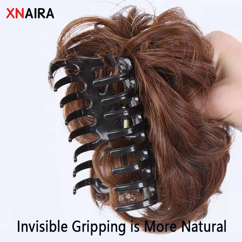 XNaira Synthetic Hair Bun Black Brown Wavy Messy Scrunchies Bun Claw Clip in Hair Extension Updos Hairpieces for Women Chignons