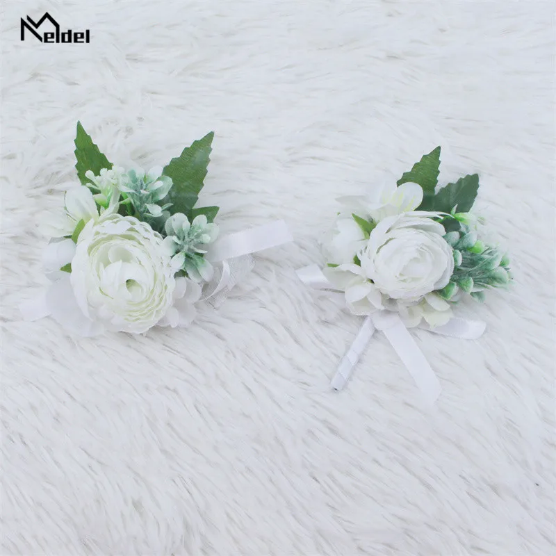 เจ้าบ่าวแต่งงาน Boutonniere Corsage ข้อมือเข็มกลัดดอกไม้สีม่วงสีขาว Rose Lapel Pin Buttonhole ผู้เข้าพักแต่งงานอุปกรณ์เสริม