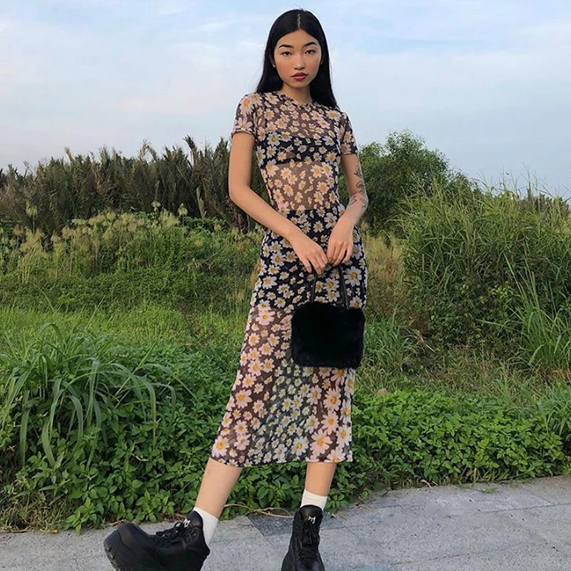 Summer Women Fashion Streetwear Outfit Sundress 2023 Short Sleeve Mesh Transparent Sexy Skinny Bodycon 90s Dress