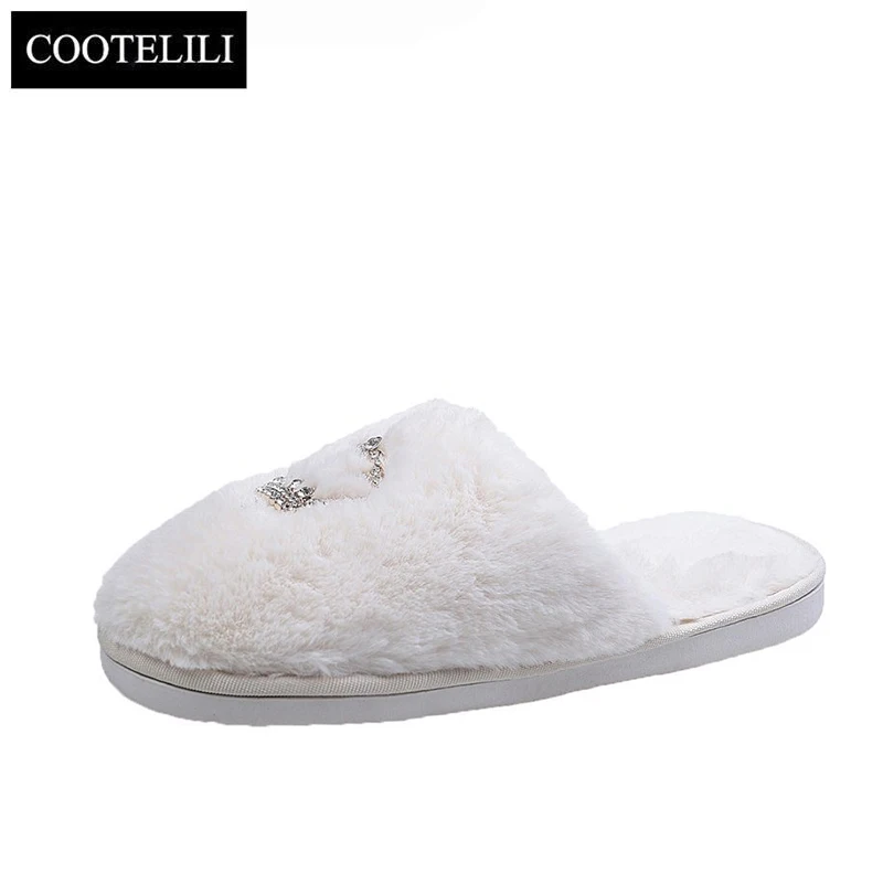 COOTELILI Winter Fashion Women Home Slippers Faux Fur Warm Shoes Woman Slip on Flats Female Fur 1.5cm Heel Plus Size 36-41