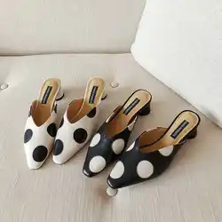 Mules elegantes informales de punta estrecha para mujer, Sandalias de tacón bajo con lunares, Zapatos de oficina, talla 42, Verano