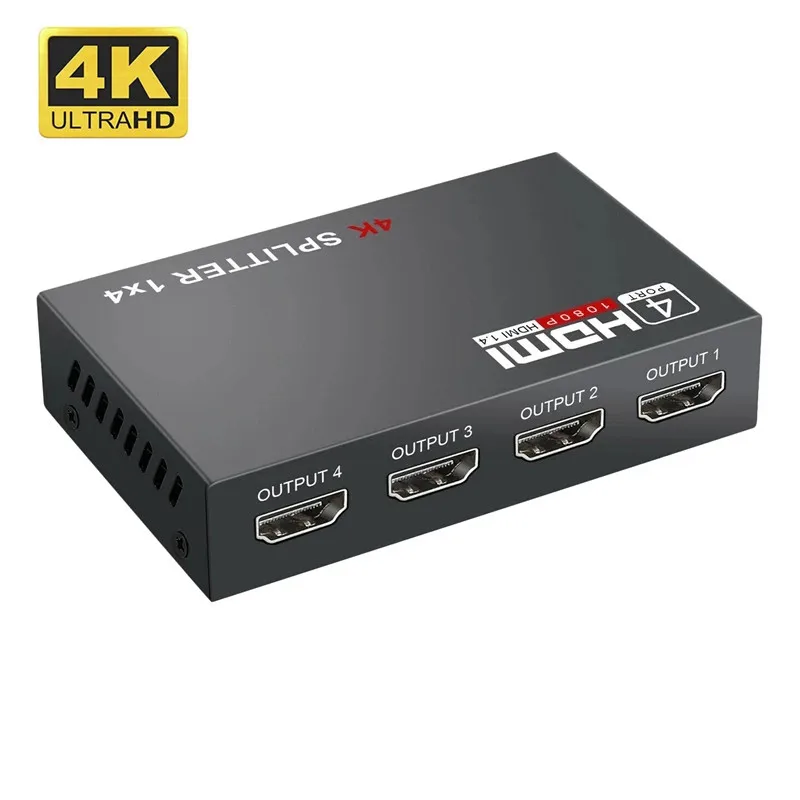 1 In 4 Out HDMI-compatible Splitter 1 x 4 HD-MI 1.4 Converter Amplifier HDCP 4K 1080P Dual Display, for HDTV DVD PS3 Xbox