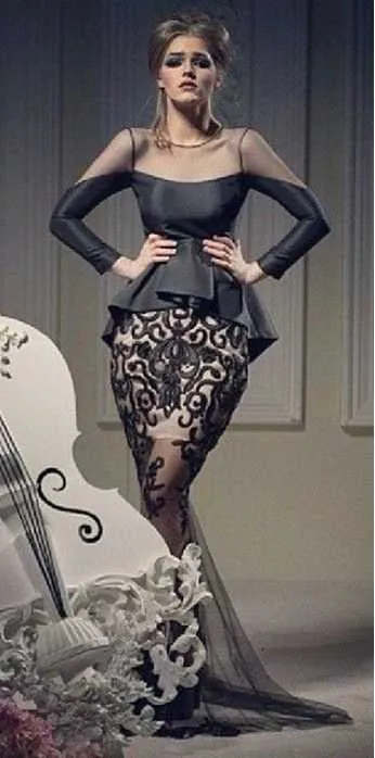 2014 Black Illussion Jewel Embroideried Long Sleeve Peplum Short Sheer Skirt Evening Dresses