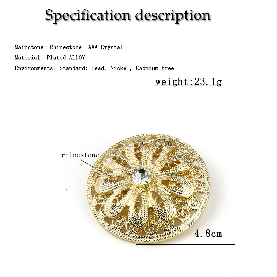 Sunspicems Spilla di cristallo rotonda color oro per le donne Algeria Marocco Robe Caftano Spilla Spilli Inidan Bohemai Regalo di gioielli da sposa