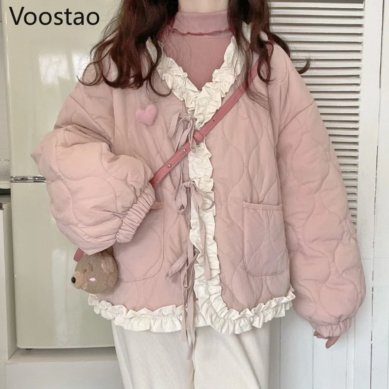 Japanese Winter Women Kawaii Loose Warm Jacket Korean Fashion Bow Bandage Thicken Cotton Padded Coats Girly Sweet Parkas Outwear