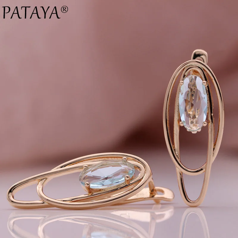 PATAYA New Oval Colorful Natural Zircon Drop Earrings Women Wedding Creative Fashion Jewelry 585 Rose Gold Color Hollow Earrings