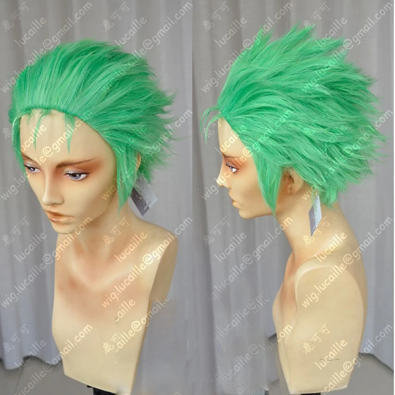 Roronoa Zoro Cosplay Wig Anime  Slicked-back Green Short Layered Heat Resistant Synthetic Hair Cosplay Wigs + Wig Cap