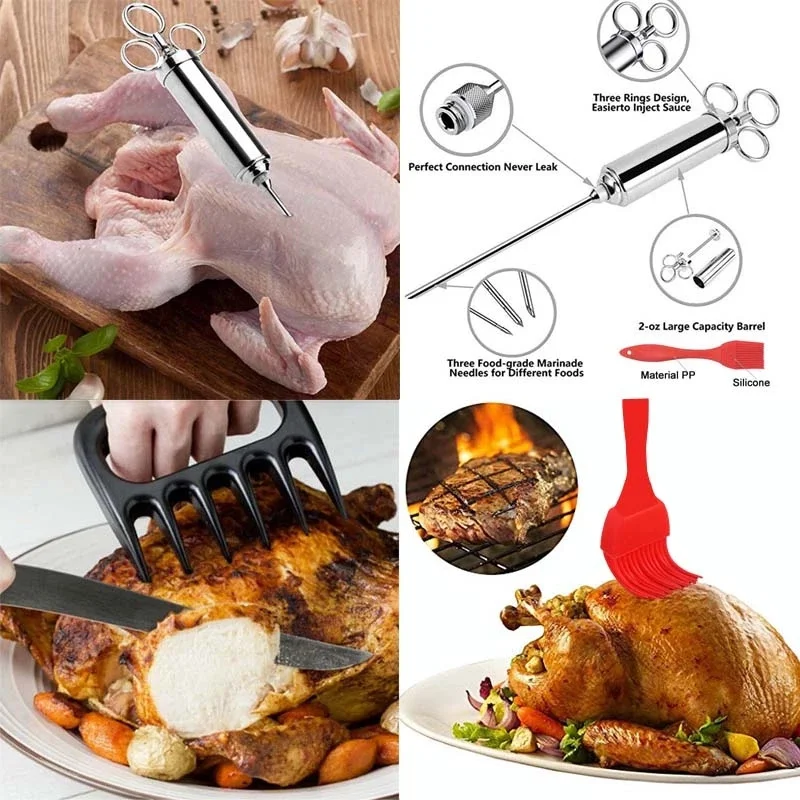 Stainless Steel Meat Injector Syringe Kit  with 3 Flavor Food Injector Syringe Meat Needles, Injection Brine Marinades for Meat