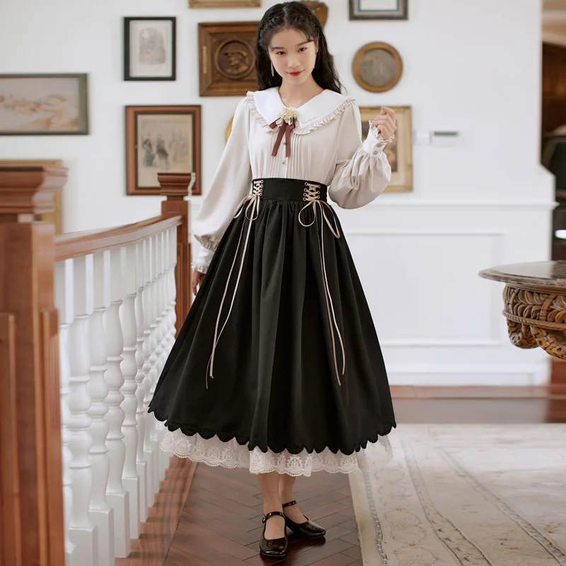 Autumn Winter Women Midi Long Skirt Vintage Mori Girl Lace-Up High Waist A-Line Pleated Cute Lace Stitching Ruffle Lolita Skirts