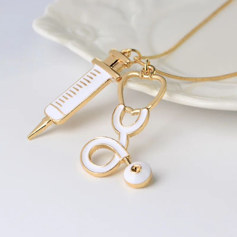 ZRM Doctor Medical Stethoscope Syringe Necklace Women Nurses Fashion Jewelry Snake Chain Needle Metal Pendant Necklaces