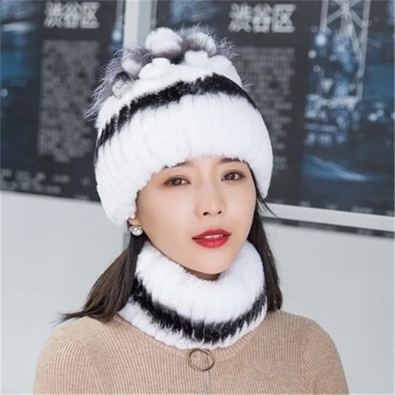 

Women Winter Rex Rabbit Fur Hats And Bib Snoods Fashion Warm Fur Thickened Fox Fur Autumn And Winter Fur Hats