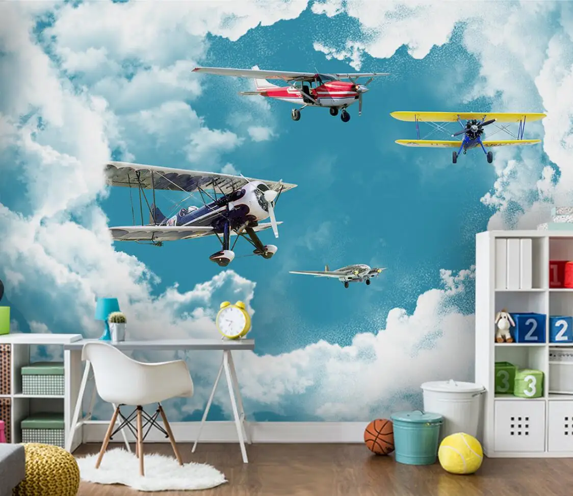 beibehang Modern wallpaper mediterranean blue sky white clouds aircraft mural wallpaper children's room background 3D wall paper