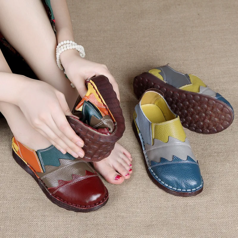 Xiuteng 2024 Flat Casual Shoes Large Size Leather Women's Shoes Retro Color Matching Flats Handmade Shoes Obuv Zapatos Mujer