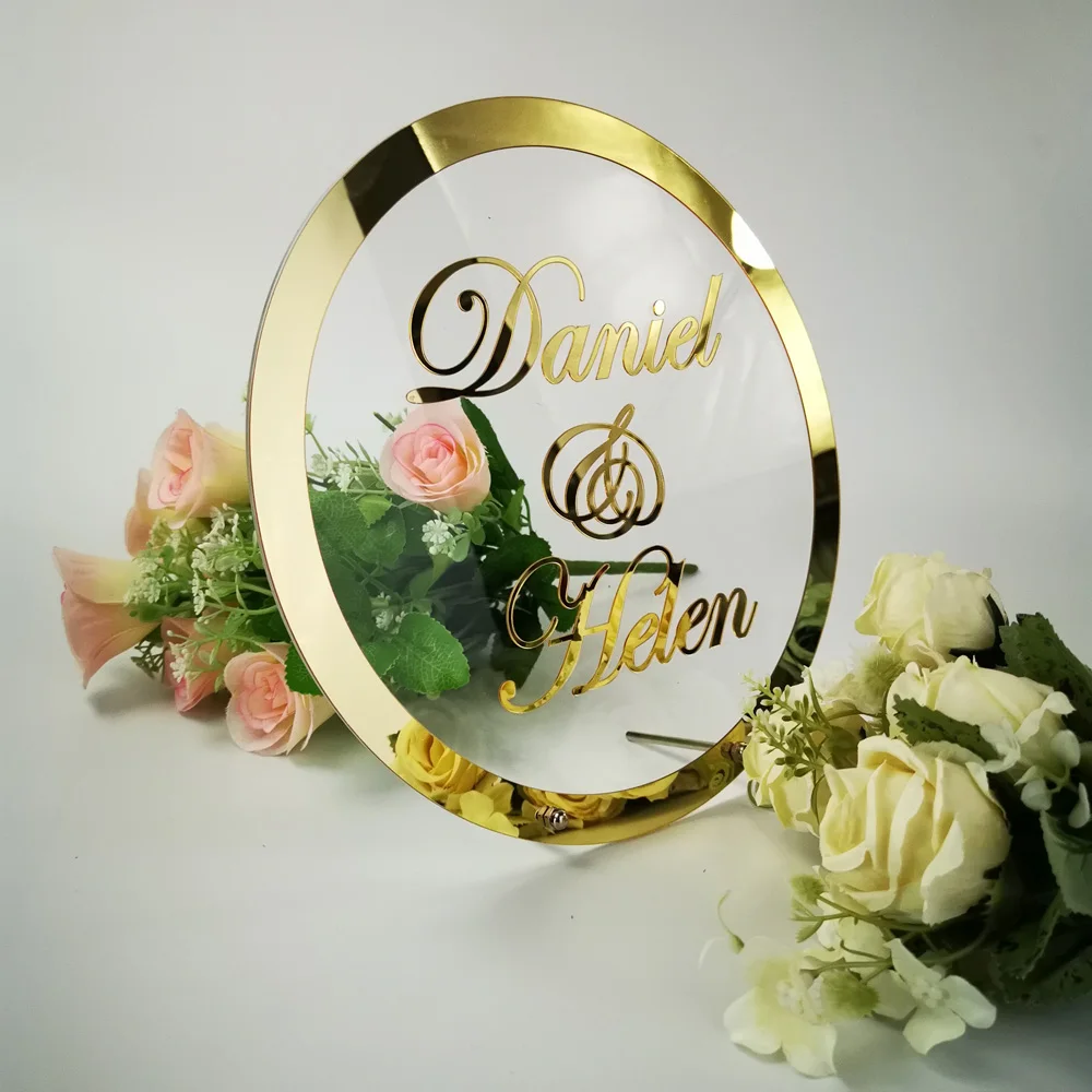 Custom Wedding Name sign  Round Frame Mirror Acrylic Sticker Babyshower Word Sign Circle Shape Party Decor, as Guests Favor Gift