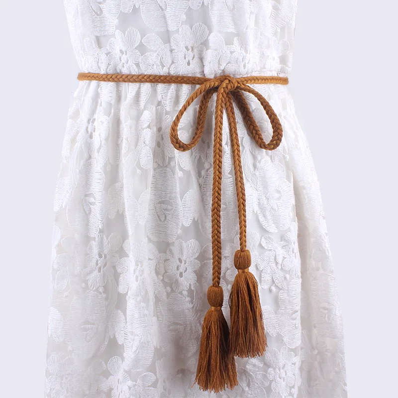 fashion women tassel Braided waistband Twist weaving knitted belt decorated rope for dresses shirt brown black cotton string