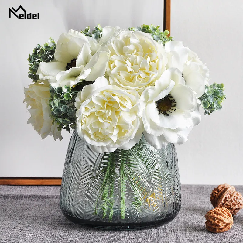 Meldel nordic peônia buquê simulação flor noiva dama de honra segurando flores falsas simples buquê de casamento anêmona branco