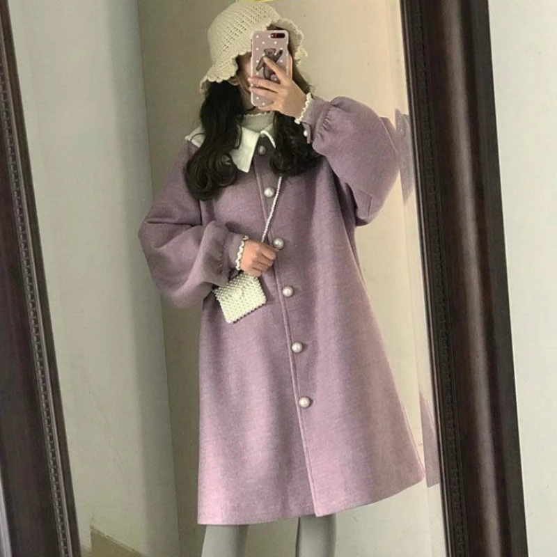 Wool Women Purple Winter Long Coat Kawaii Japanese Style Student Ruched Lantern Sleeve Sweet Harajuku All-match Streetwear Girls