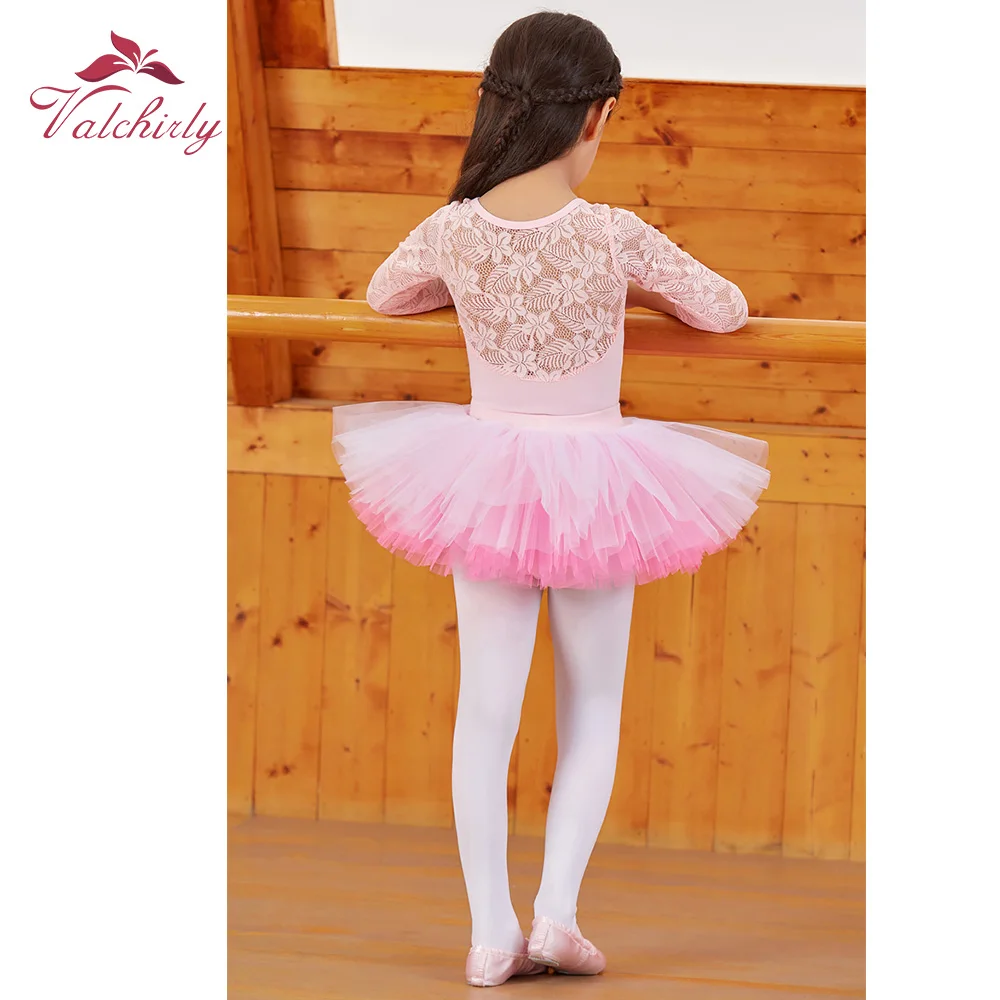 New Pink Ballerina Costume Kids Dance Leotard Tutu Dress  Long Sleeves Flower Lace Dancewear  for Girls