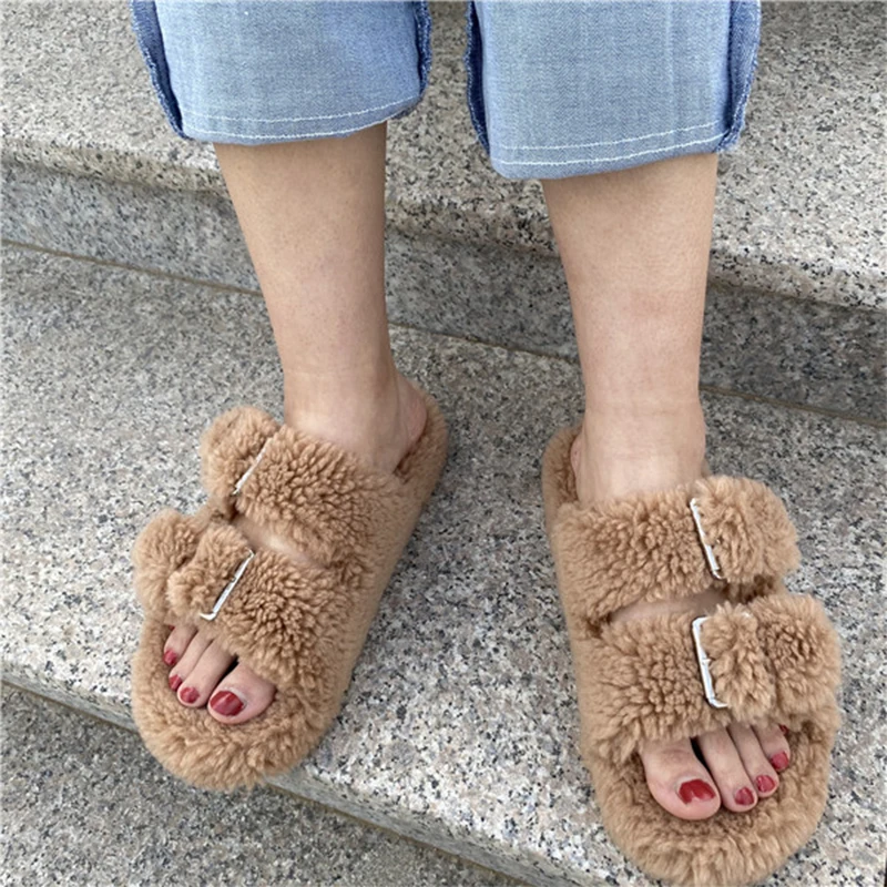 2023 New Women\'s Slippers  Fashion Fur Slippers High Quality Household Plush Slides Fluffy Warm Open-tode Women Shoes