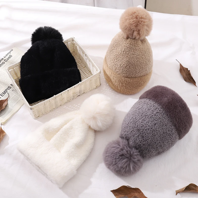 CNTANG New Women\'s Warm Double layer Lining Hat Faux Rabbit Fur Pompom Beanies Fashion Winter Fabric lamb Cap Casual Girls Hats