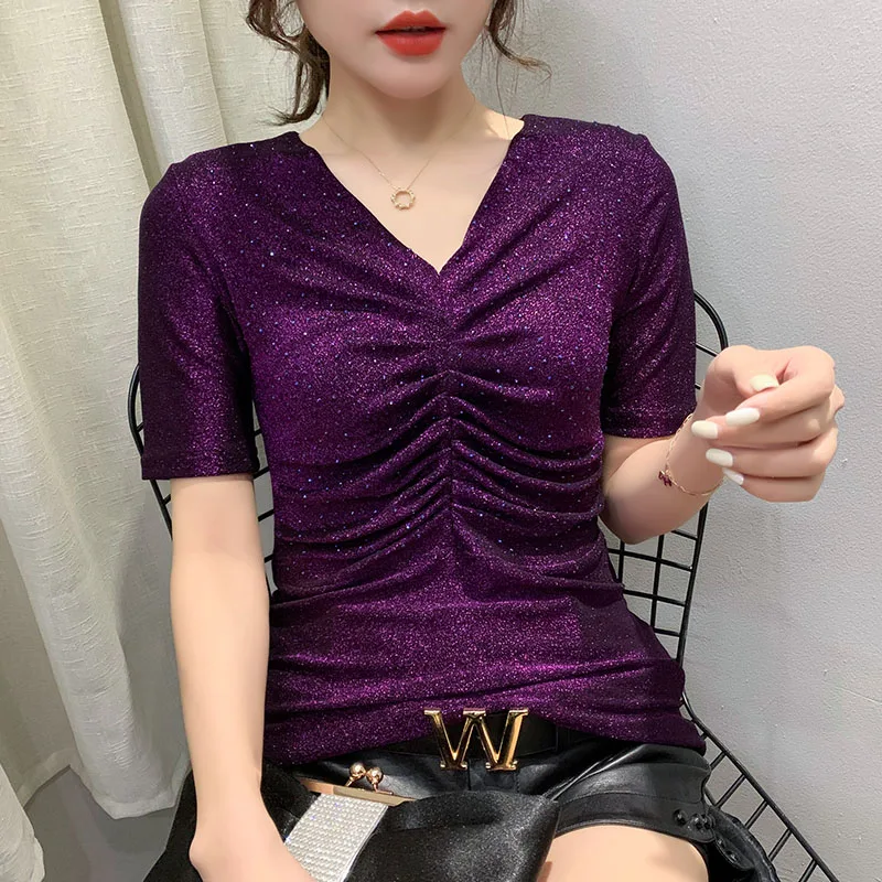 Summer European Clothes T-shirt Fashion Sexy Shiny Diamonds Drape Women Tops Pullover Shirt Cotton Tees New 2021 T06414