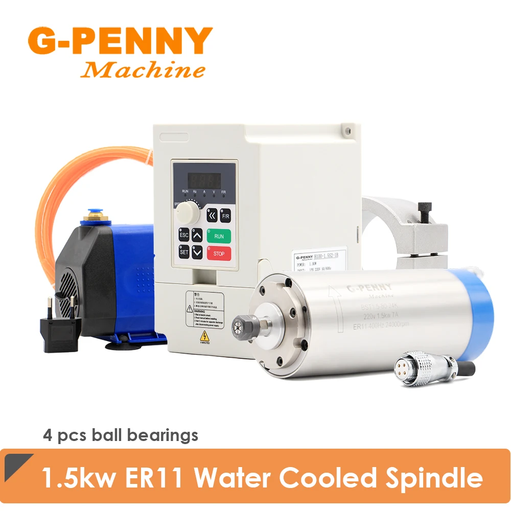 G-PENNY1.5kw ER11  Water cooled spindle motor 4 pcs ball bearings & 1.5kw QL Inverter VFD & 80MM Bracket & 75W water pump