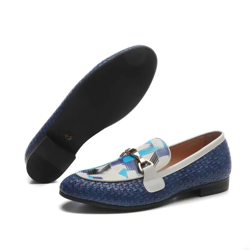 XQWFH 2021 Blue Woven Leather Men Smoking Slippers Fashion Metal Buckle Men\'s Handmade Loafers For Wedding And Party Plus Size