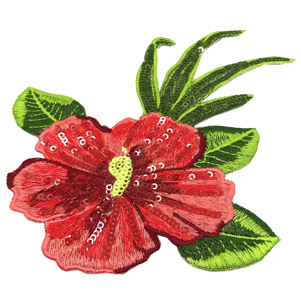 2pc Hibiscus Embroidery Patch Sequin Beaded Patches For Clothing Flower Sticker Embroidered Appliques Iron On Parches AC1578