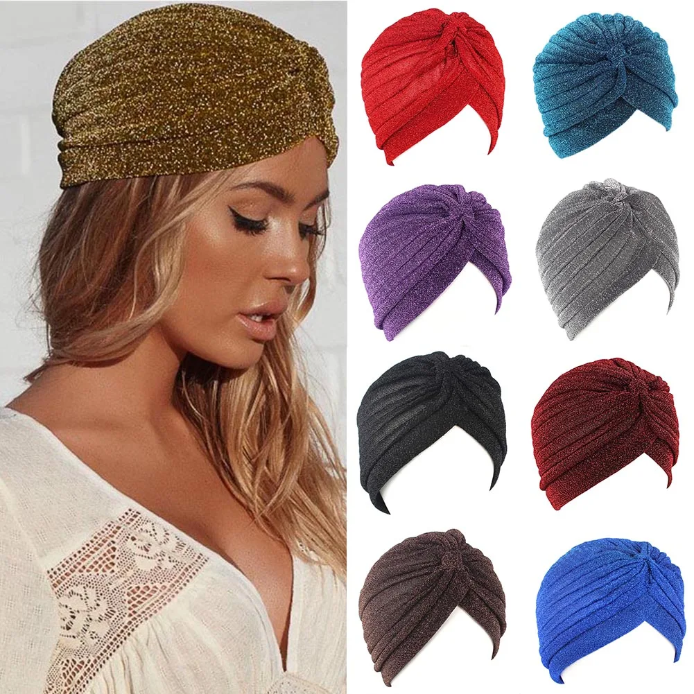 

Women Shiny Silver Gold Knot Twist Turban Headbands Cap Autumn Winter Warm Headwear Casual Streetwear Female Muslim Indian Hats