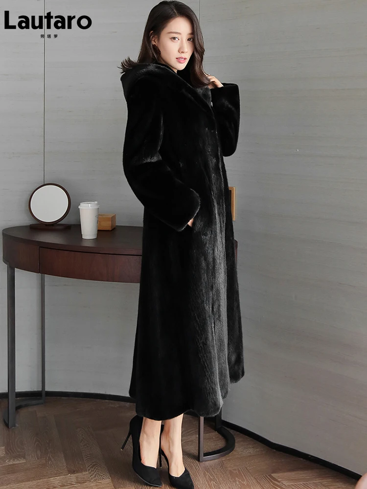 Lautaro Winter Maxi Black Warm Fluffy Faux Mink Fur Coat Women with Hood Long Sleeve Skirted Elegant Luxury Korean Fashion 2021