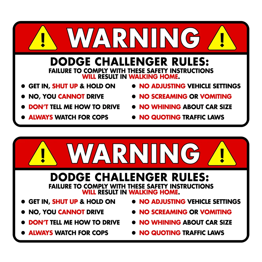 2 X Warning Decals Dodge Challenger Rules Funny Vinyl Sticker Car Truck Window Decal Safety Warning PVC Vinyl Reflective Sticker