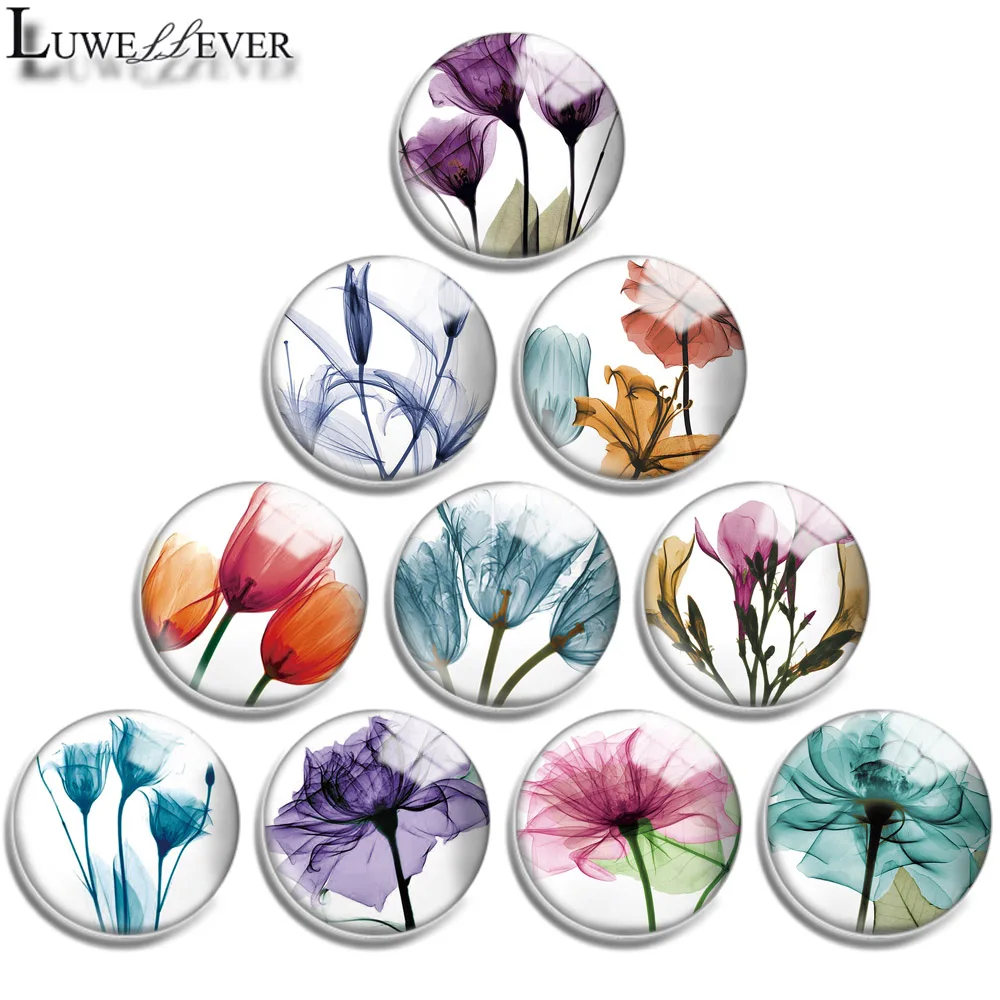 12mm 16mm 20mm 25mm 30mm 40mm 733 Flower Pattern Mix Round Glass Cabochon Jewelry Finding 18mm Snap Button Charm Bracelet